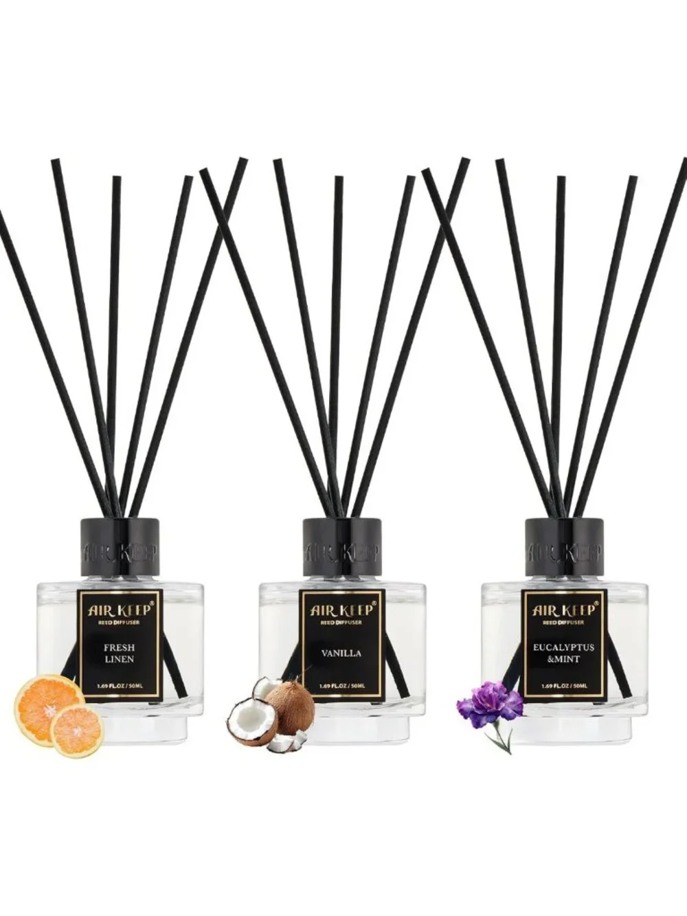 Set of 3 Reed Diffusers for Bathroom | Fresh Linen, Vanilla, Eucalyptus & Mint